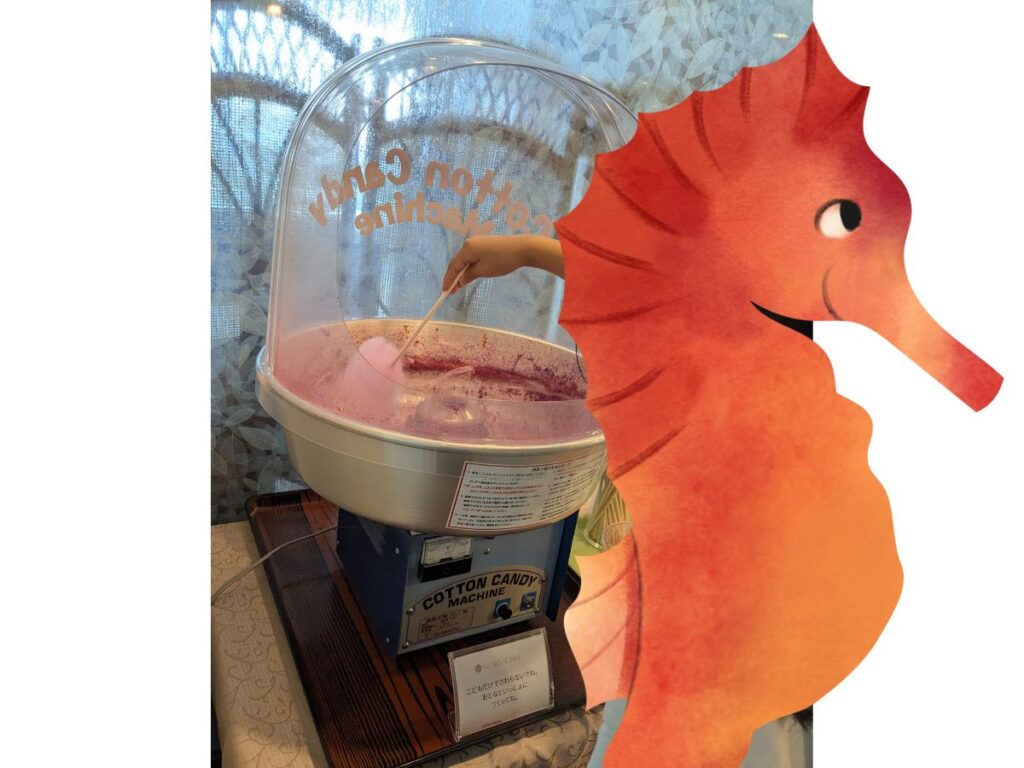 Buffet at Grand Mercure Okinawa Zanpa Cape Resort
（グランドメルキュール沖縄残波岬リゾートのビュッフェ）
朝食ビュッフェのサブ会場で食べた綿あめ