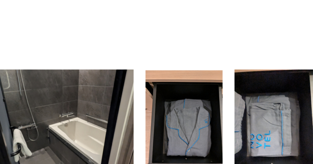 清潔感のある客室のバスタブと上下セパレートの快適なパジャマ「ノボテル奈良」 (Clean room bathtub and comfortable separate pajamas at Novotel Nara)