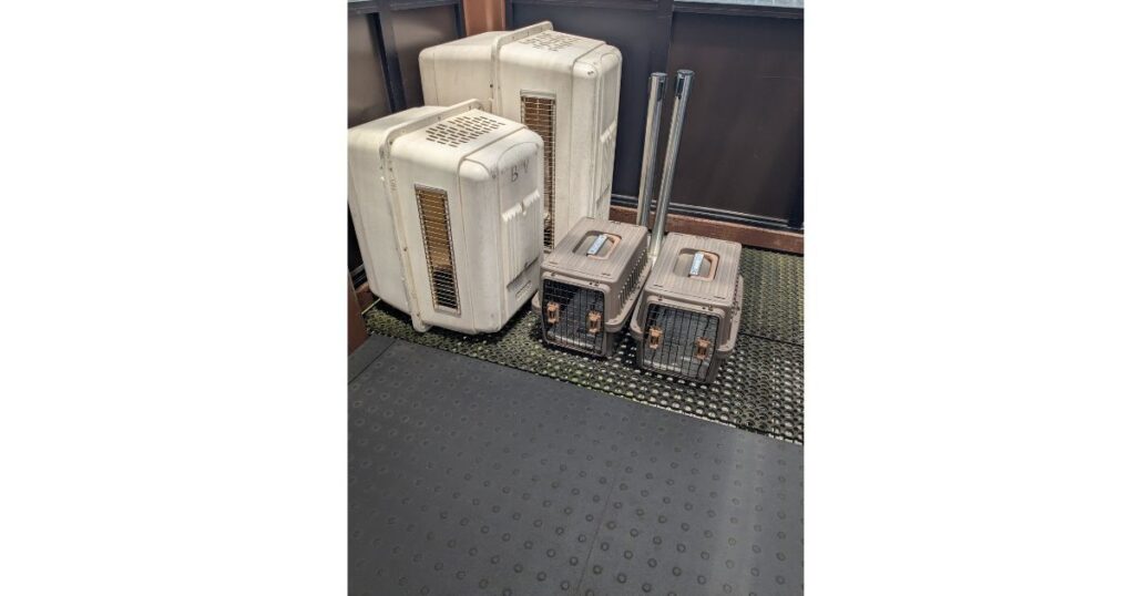 ペットと一緒にロープウェイに乗れる愛犬用キャリーケース・クレート (Pet travel crates provided for dogs on Biwako Valley ropeway)

