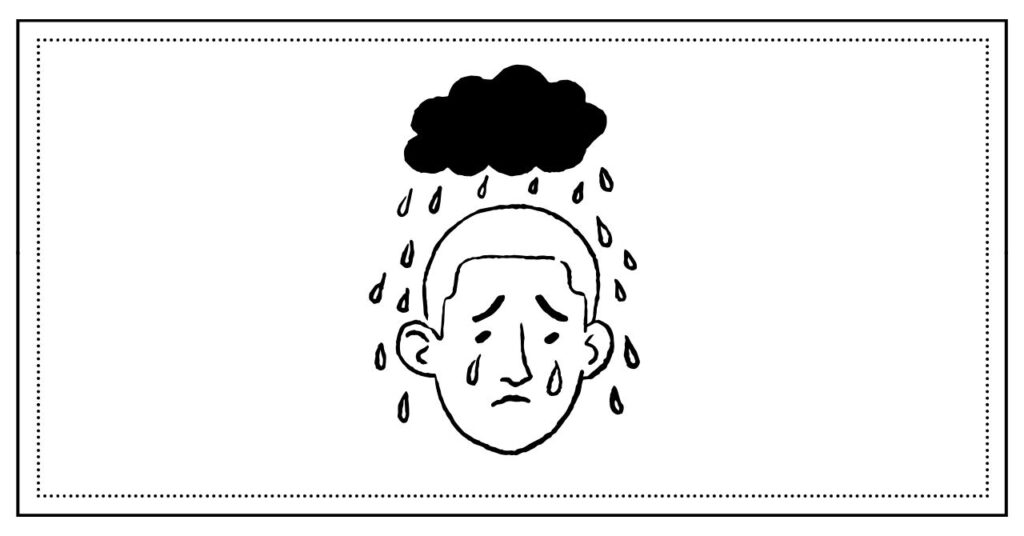 チケットの抽選結果に落選して悲しむ人のイラスト (Illustration of a sad person crying over rejected ticket lottery results)
